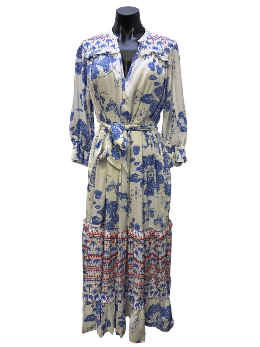 Emily Lovelock Floral Print Maxi Dress With Slip White & Blue S